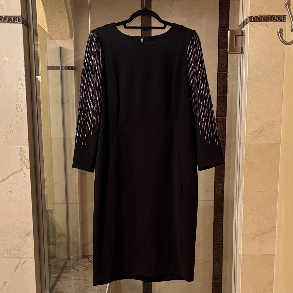 Calvin Klein Black Dress with Beaded Sleeves